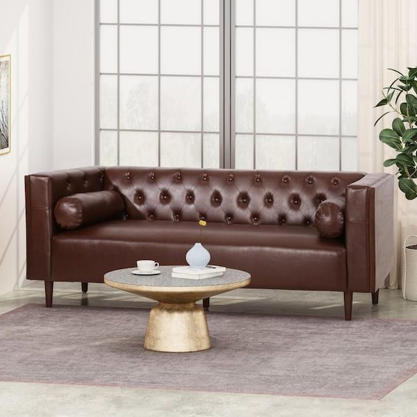 Most Recent Noble House Faraway 90 In. Dark Brown Solid Faux Leather 3 Seat Tuxedo Sofa  83475 – The Home Depot For Faux Leather Sofas In Dark Brown (Photo 4 of 10)