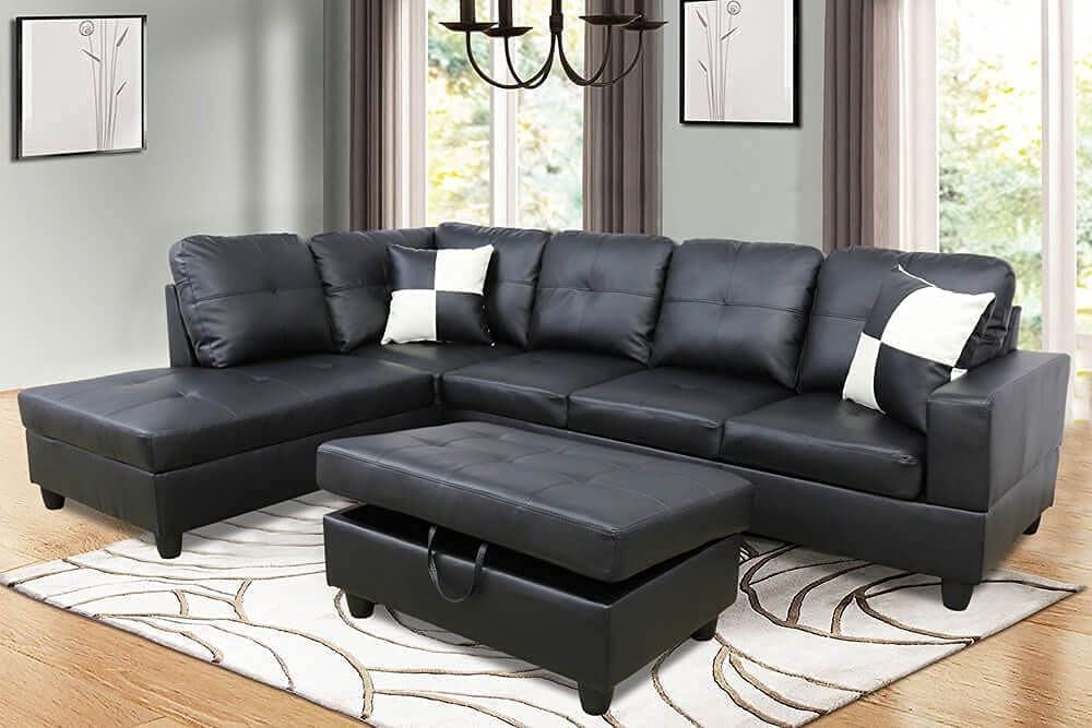 Most Recently Released Amazon: Aty Faux Leather L Shape Sectional Sofa Set, Corner Couch With  Right Facing Chaise Lounge And Storage Ottoman, Black : Everything Else Intended For Faux Leather Sectional Sofa Sets (View 4 of 10)