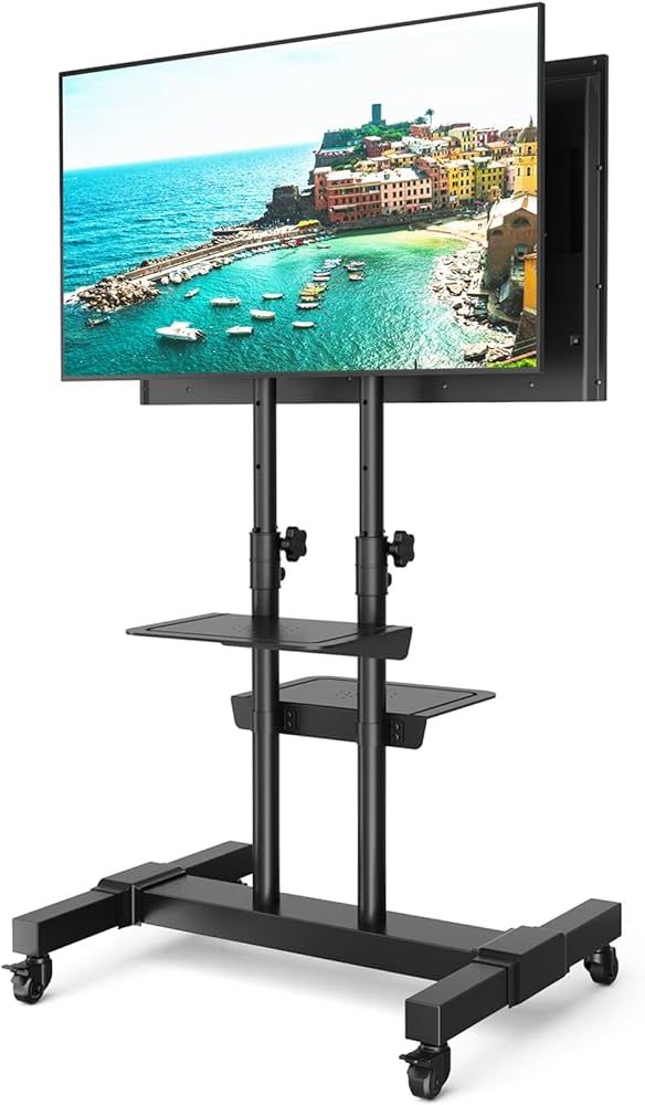 Most Recently Released Mobile Tilt Rolling Tv Stands Throughout Amazon: Rfiver Dual Monitors Mobile Tv Cart With Tilt Mount For 37 80  Inch Flat Screen/curved Tvs, 2 Shelf Rolling Tv Stand With Locking Wheels,  Adjustable Floor Tv Trolley For Trade Show, Extra Tall : (Photo 5 of 10)