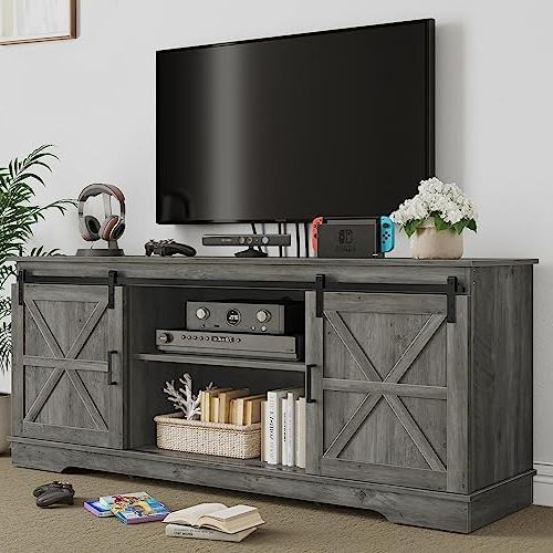Most Recently Released Modern Farmhouse Rustic Tv Stands Within Amazon: Yitahome Farmhouse Tv Stand For 65/60/ 55 Inch Tv, Rustic Modern  Entertainment Center With Sliding Barn Door, Wood Tv Media Console Storage Tv  Cabinet For Living Room, Rustic Gray : Electronics (View 2 of 10)