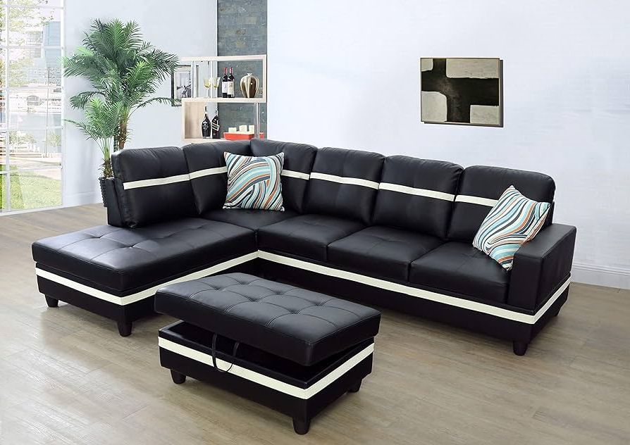 Most Up To Date 3 Piece Leather Sectional Sofa Sets Throughout Amazon: Ainehome Faux Leather 3 Piece Sectional Sofa Couch Set,  L Shaped Modern Sofa With Chaise Storage Ottoman And Pillows For Living  Room Furniture, Right Hand Facing Sectional Sofa Set Black & White : (View 5 of 10)