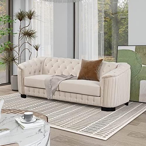 Most Up To Date Amazon: Merax Mid Century Modern 3 Seater Sofa With Thick Removable Seat  Cushion, And Rubber Wood Legs, Velvet Upholstered Couch For Living Room,  Bedroom, Or Small Space, Beige : Home & Kitchen Regarding Mid Century 3 Seat Couches (View 5 of 10)