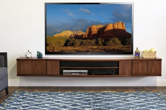 Most Up To Date Wall Mounted Floating Tv Stand Entertainment Console Curve 3 Piece Mocha –  Etsy Within Wall Mounted Floating Tv Stands (Photo 4 of 10)