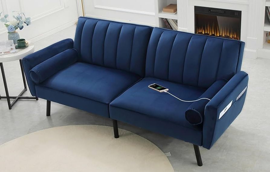 Navy Sleeper Sofa Couches Inside Most Up To Date Amazon: Duraspace Velvet Loveseat Sleeper Sofa 74" Convertible Futon  Couch With Usb, Loveseat Coach For Dorm, Apartment, Bonus Room,compact  Living Space (navy Blue) : Home & Kitchen (View 2 of 10)