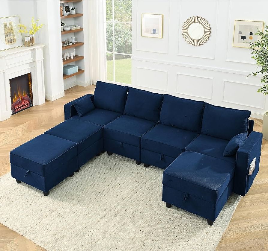Navy Sleeper Sofa Couches Regarding Widely Used Amazon: 7 Seat Sectional Modular Velvet Sofa, L Shaped Modular Sleeper  Couch With Storage Seat, Sofa Bed Set For Living Room, Navy Blue Corduroy,  Bojatu : Home & Kitchen (View 3 of 10)