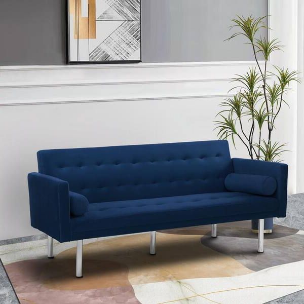 Navy Sleeper Sofa Couches Throughout Most Popular Westsky 68.5 In Wide Square Arm Modern Velvet Accent Straight Sleeper Sofa  With Metal Silver Leg For Living Room In Navy Blue W22336750 Nb – The Home  Depot (Photo 6 of 10)