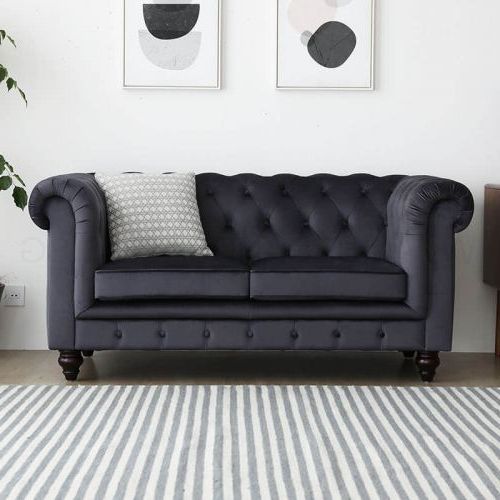 Newest 2 Seater Black Velvet Sofa Beds Within Hugo Chesterfield 2 Seater Sofa – Velvet (stain Resistant) (Photo 10 of 10)