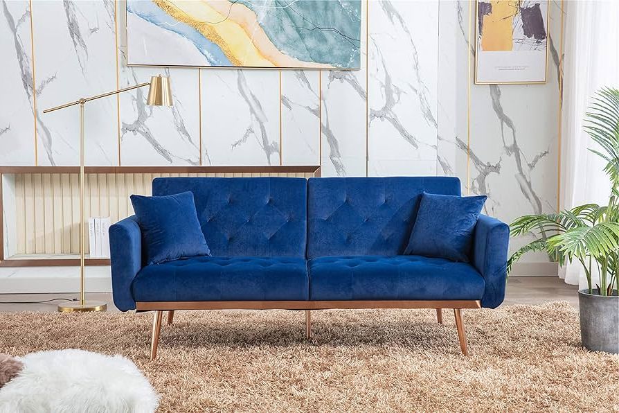 Newest Amazon: Mwrouqfur Velvet Loveseat Sofa, Modern Sleeper Sofa Couch,  Accent Couch Convertible Loveseat Futon Sofa Bed Rose Gold Metal Feet And 2  Pillows For Living Room, Bedroom, Small Space (navy + Velvet) : Throughout Navy Sleeper Sofa Couches (Photo 8 of 10)