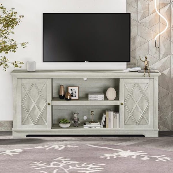 Newest Festivo 70 In. Farmhouse Style Off White Tv Stand Fits Tvs Up To 78 In.  With Open Shelves Fts22511 – The Home Depot With Farmhouse Stands With Shelves (Photo 3 of 10)