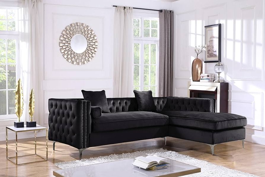 Newest Right Facing Black Sofas Inside Amazon: Iconic Home Da Vinci Right Hand Facing Sectional Sofa L Shape  Chaise Velvet Button Tufted With Silver Nail Head Trim Silvertone Metal  Y Leg With 3 Accent Pillows, Modern Contemporary, Black : (View 6 of 10)