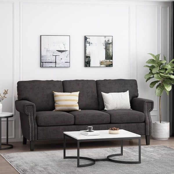 Noble House Chandler 78.50 In. Square Arm Polyester Straight Gray Fabric  Sofa 109025 – The Home Depot For Current Dark Grey Polyester Sofa Couches (Photo 5 of 10)