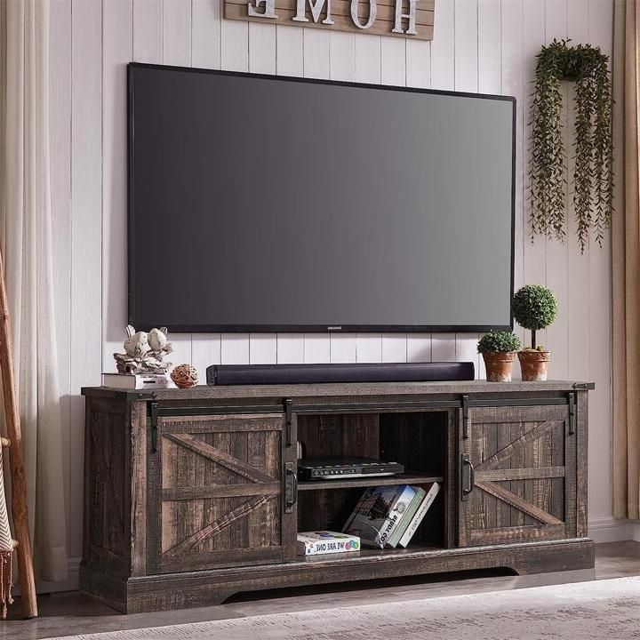 Okd Farmhouse Tv Stand For 75 Inch Tv With Sliding Barn Door, Rustic Wood  Entertainment Center Large Media Console Cabinet Long Television Stands For 70  Inch Tvs, Antique White (View 8 of 10)