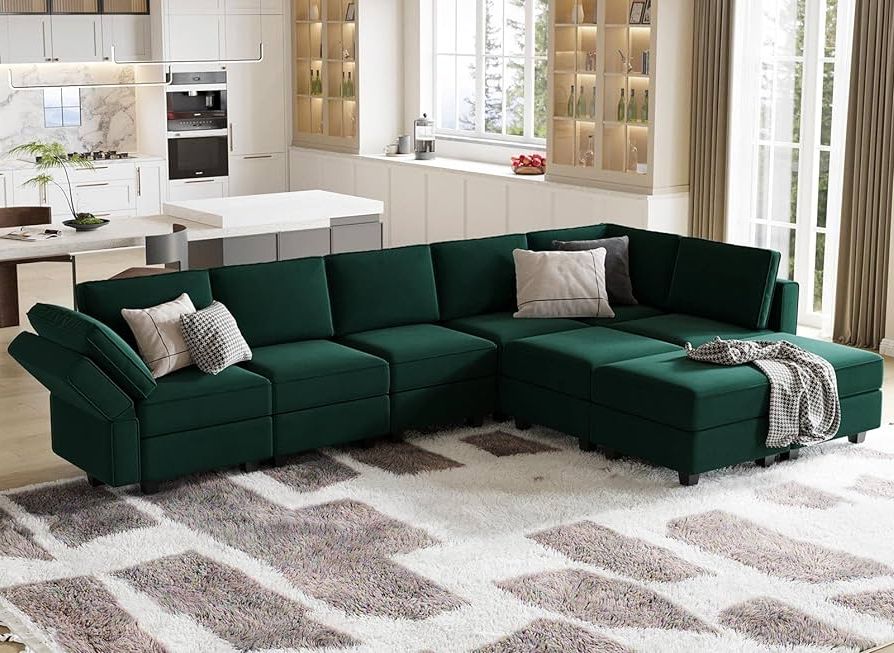 Popular Amazon: Belffin Modular Sectional Sofa Couch With Reversible Double  Chaises Velvet L Shaped Sectional Couch Convertible Sectional Sofa With  Storage Green : Home & Kitchen Regarding Green Velvet Modular Sectionals (View 8 of 10)