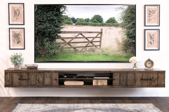 Popular Farmhouse Stands For Tvs Inside Farmhouse Rustic Wood Floating Tv Stand Entertainment Center Spice – Etsy (View 10 of 10)