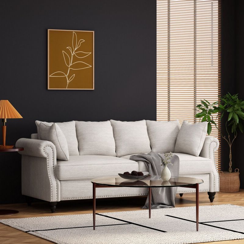 Popular Manbow Contemporary Fabric Pillowback 3 Seater Sofa With Nailhead Trim,  Beige And Dark Brown Inside Sofas With Pillowback Wood Bases (View 9 of 10)