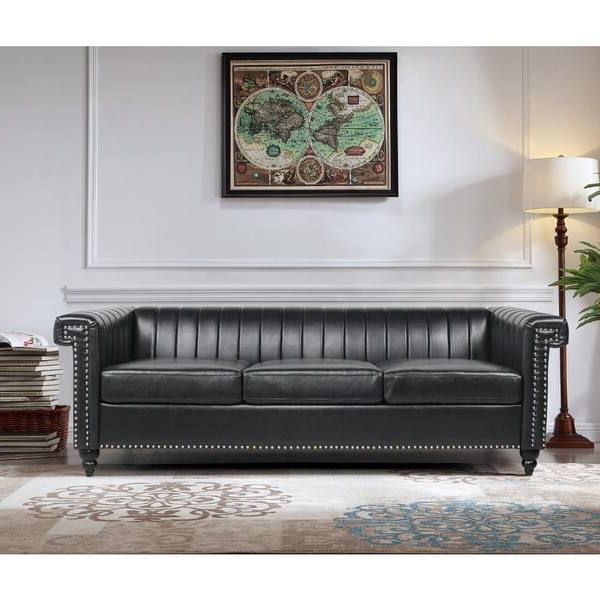 Popular Z Joyee 82.5 In. Square Arm Faux Leather Traditional Straight 3 Seater Sofa  In Black P S202200325 – The Home Depot With Traditional 3 Seater Faux Leather Sofas (Photo 6 of 10)