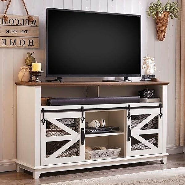 Preferred Farmhouse Media Entertainment Centers For Amazon: Okd Farmhouse Tv Stand For 65+ Inch Tv, Industrial & Farmhouse  Media Entertainment Center W/sliding Barn Door, Rustic Tv Console Cabinet  W/adjustable Shelves For Living Room, Antique White : Home & (Photo 3 of 10)