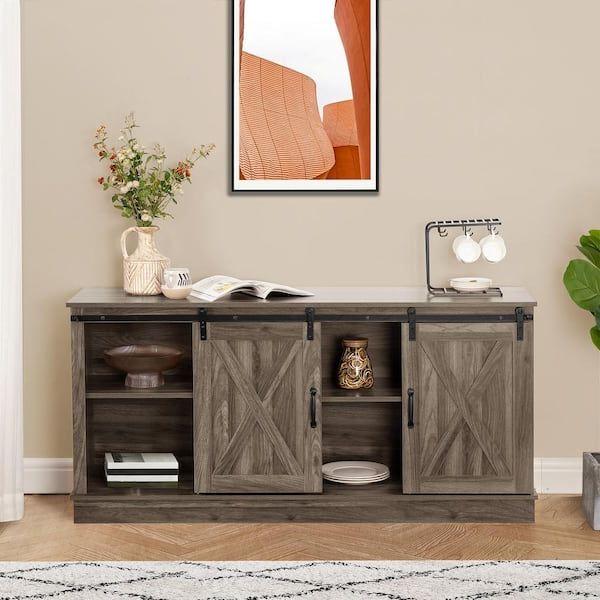 Preferred Homestock 58 In. Mocha Farmhouse Tv Stand, Rustic Wooden 60 In. Tv Console  Cabinet With Sliding Barn Doors Entertainment Center 77716 – The Home Depot Throughout Farmhouse Tv Stands (Photo 6 of 10)
