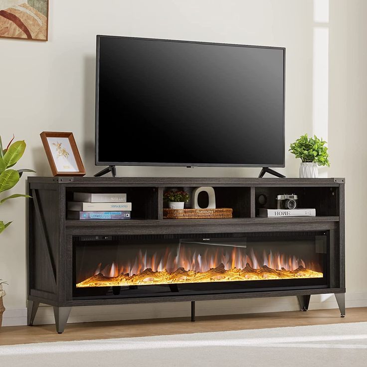 Preferred Media Entertainment Center Tv Stands Pertaining To Amerlife 65in Fireplace Tv Stand With 60in Glass Electric Fireplace,  Industrial & Farmhouse Media Entertainment Center With Open Shelve Storage  For Up To 75in, … In 2023 (Photo 9 of 10)