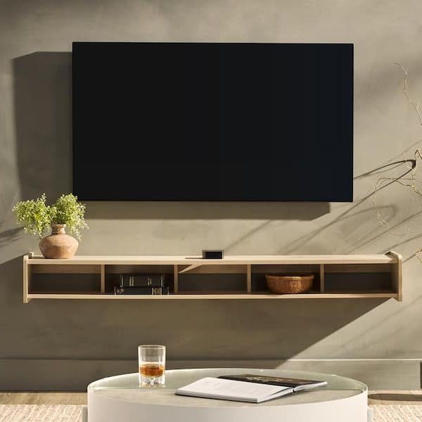 Preferred Welwick Designs 65 In. Coastal Oak Wood Modern Floating Tv Stand With  Divided Shelf Fits Tvs Up To 70 In. Hd9710 – The Home Depot Within Modern Stands With Shelves (Photo 1 of 10)