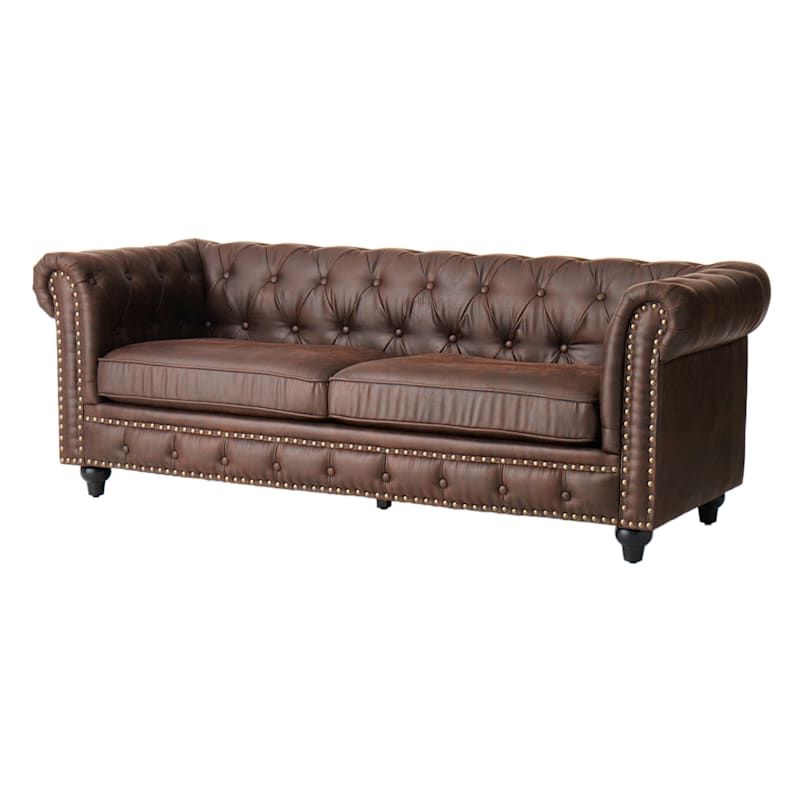 Providence Chesterfield Brown Faux Leather Tufted Sofa, 79" Pertaining To Well Known Faux Leather Sofas In Dark Brown (View 6 of 10)