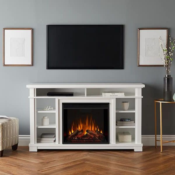 Real Flame Belford 56 In. Freestanding Electric Fireplace Tv Stand In White  7330e W – The Home Depot Inside 2017 Electric Fireplace Entertainment Centers (Photo 4 of 10)