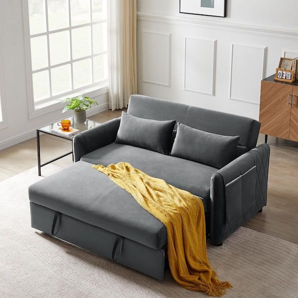 Recent 2 In 1 Gray Pull Out Sofa Beds Regarding Seafuloy 55 In. Width Gray Velvet Twin Sofa Bed With Adjustable Backrest  And 2 Pillows W1193s00004 1 – The Home Depot (Photo 6 of 10)