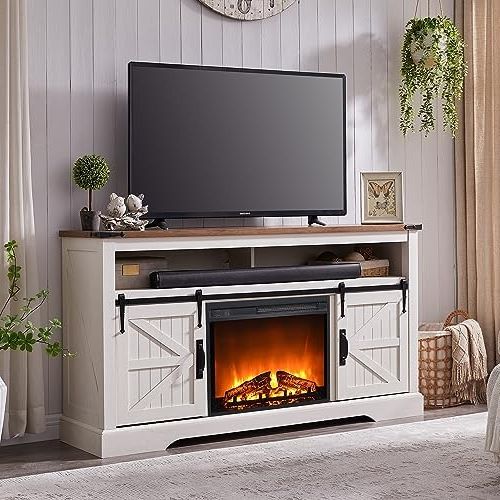 Recent Amazon: Okd Fireplace Tv Stand For 65+ Inch Tv, 33" Tall Highboy  Farmhouse Entertainment Center W/ 23'' Electric Fireplace, Rustic Media  Console W/sliding Barn Door For Living Room, Antique White : Home Inside Wood Highboy Fireplace Tv Stands (Photo 4 of 10)