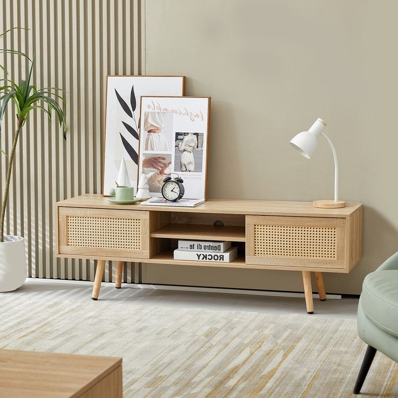 Recent Farmhouse Rattan Tv Stands Intended For Farmhouse Rattan Tv Stand, Tv Console With Adjustable Shelf, Modern Boho Tv  Cabinet With Double Sliding Door – Bed Bath & Beyond – 37421481 (Photo 10 of 10)