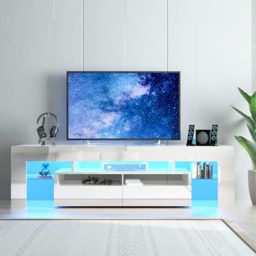 Recent Tv Stands With Lights Pertaining To Amazon: Squireewo Tv Stand With 16 Color Led Lights, Media Console With  Drawer And Glass Open Shelf For 60/65/70 Inch Tv, Modern Gloss Entertainment  Center For Living Room Bedroom, White : Home (View 6 of 10)