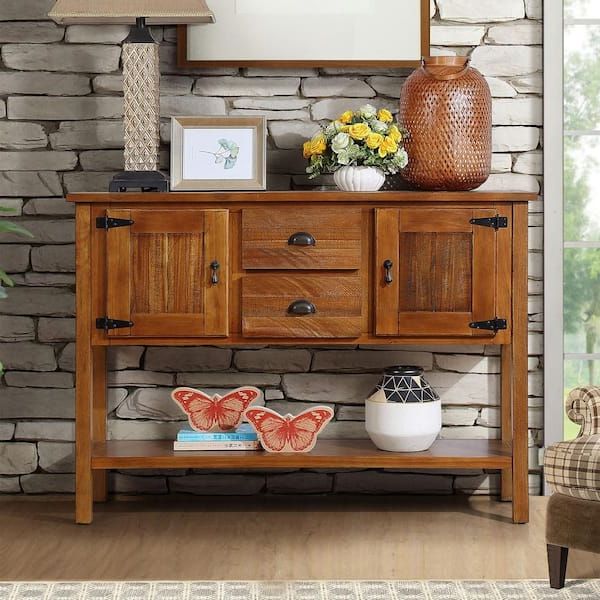 Retro Style Brown Freestanding Wood 48 In. Storage Buffet Sideboard With 2  Drawers And 2 Cabinets And Open Bottom Shelf Zt W120270247 1 – The Home  Depot Within Famous Freestanding Tables With Drawers (Photo 4 of 10)