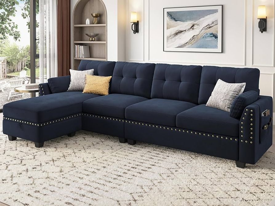 Reversible Sectional Sofas Within Well Known Amazon: Honbay Velvet Sectional Sofa L Shaped Couch Reversible  Sectional Couch Sofa For Small Space,dark Blue : Home & Kitchen (Photo 6 of 10)