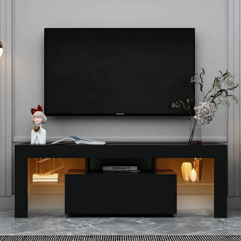 Rgb Entertainment Centers Black For Best And Newest 51.2" Modern Tv Stand W/ Led Light Entertainment Center W/ Drawer + Shelf  Black (Photo 7 of 10)