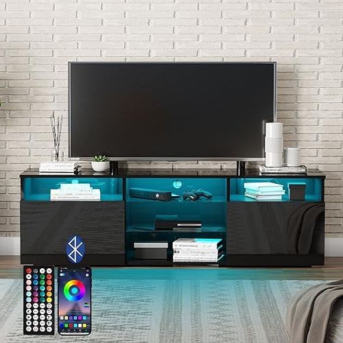 Rgb Entertainment Centers Black Intended For Popular Amazon: Uspeedy Tv Stand,high Glossy Led Tv Stand For 65 Inch Tv Stand,modern  Tv Entertainment Center With Adjustable Storage Shelf,tv Console Table With  Rgb Led 20 Color Lighting(57in Black) : Home & (View 3 of 10)