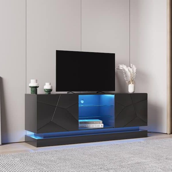Rgb Entertainment Centers Black Throughout Most Recent 63 In. Black Modern Stylish Functional Tv Stand With Rgb Light Fits Tv's Up  To 70 In. With 2 Glass And Shelves D W33140081 – The Home Depot (Photo 1 of 10)