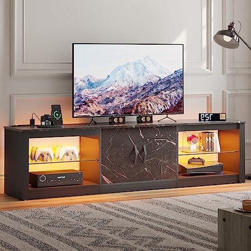 Rgb Tv Entertainment Centers In Well Liked Amazon: Bestier 70 Inch Gaming Entertainment Center With Power  Outlets,adjustable Glass Shelves ＆ Two Cabinets For 75inch Led Tv Stand, 22  Rgb Modes Modern Led Corner Ps5 Console Living Room,black Marble : (View 8 of 10)