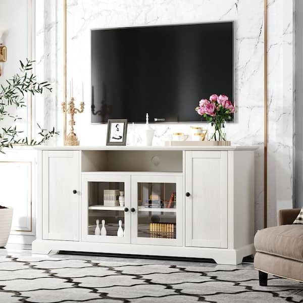Seafuloy 59.8 In. W White Mdf Tv Cabinet With (2) 3 Tier Storage And  Tempered Glass Cabinet Tv Up To 65 In. C Wf287841aak – The Home Depot Intended For Most Current Tier Stand Console Cabinets (Photo 5 of 10)
