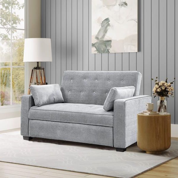 Serta Augustus 38 In. Light Gray Polyester 2 Seater Queen Size Convertible  Sofa Bed With Square Arms Saagsqs3bu3143 – The Home Depot With 2018 Queen Size Convertible Sofa Beds (Photo 5 of 10)