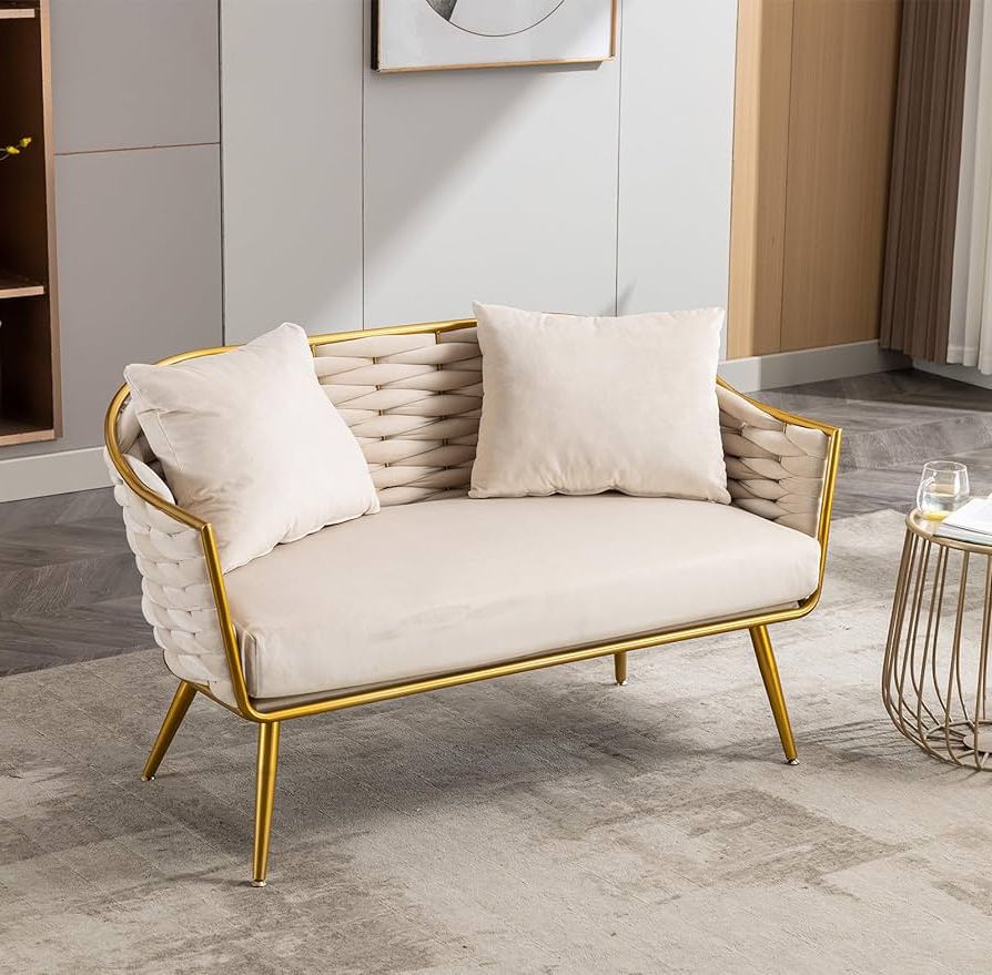 Small Love Seats In Velvet In Most Recently Released Amazon: Velvet Small Loveseat Sofa, Upholstered Mini Couch With 2 Soft  Pillows, Modern 2 Seat Sofa Couch With Woven Back And Gold Metal Legs,  Comfy Love Seat Lounge Chair For Living Room, Bedroom, (View 3 of 10)