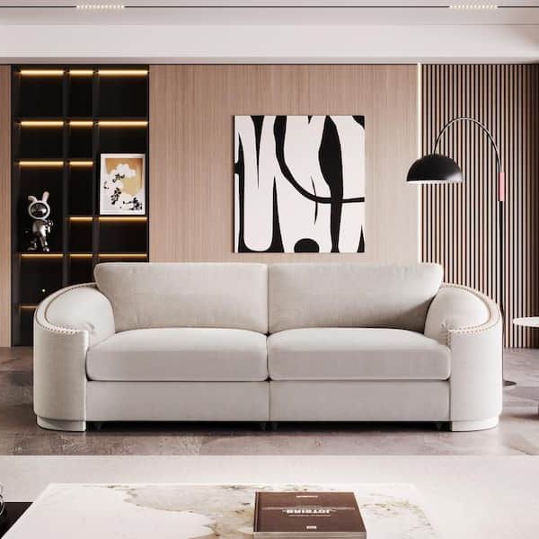 Sofas With Curved Arms Inside Most Up To Date Harper & Bright Designs Stylish 92 In. Wide Nailhead Trim Design Semilunar  Round Arm Modern Polyester Curved Sofa In Beige Wyt123aaa – The Home Depot (Photo 6 of 10)