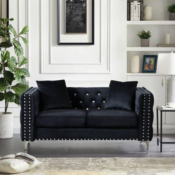 Sofas With Nailhead Trim Throughout Trendy Jasmoder 59.4 In. Black Square Arm Microfiber Tufted 2 Seater Straight Sofa  With Nailhead Trim And Removable Cushions W1117s00006 – The Home Depot (Photo 6 of 10)
