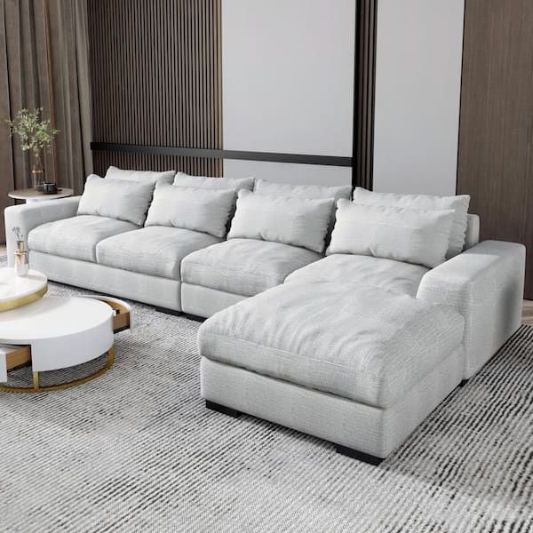 Sofas With Ottomans Regarding Most Recently Released Magic Home 149.61 In. W Linen Rectangular Moveable Sectional Sofa With  Ottoman In Light Gray Cs W576s00002 – The Home Depot (Photo 9 of 10)