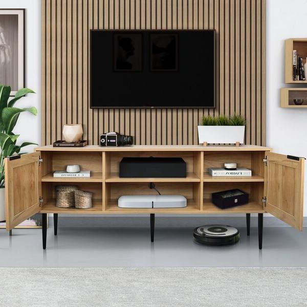 Tileon Natural Wooden Tv Stand For Tvs Up To 65 In. With 2 Rattan Decorated  Doors And 2 Open Shelves Wyhdra006 – The Home Depot Inside Well Liked Tv Stands With 2 Doors And 2 Open Shelves (Photo 3 of 10)