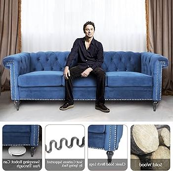 Traditional 3 Seater Sofas For Well Known Amazon: Vaztrlus Chesterfield Velvet Sofas For Living Room, Traditional  Square Arm 3 Seater Sofa 82.5" Couch Deep Button Nailhead Tufted Blue  Upholstered Couches Removable Cushion Easy To Assemble : Home & Kitchen (Photo 8 of 10)