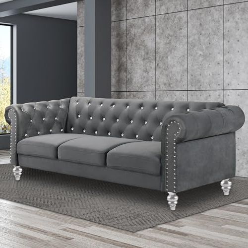 Traditional 3 Seater Sofas In 2017 Amazon: New Classic Furniture Glam Emma Velvet Three Seater  Chesterfield Style Sofa For Small Spaces With Crystal Button Tufts, Gray :  Home & Kitchen (View 10 of 10)