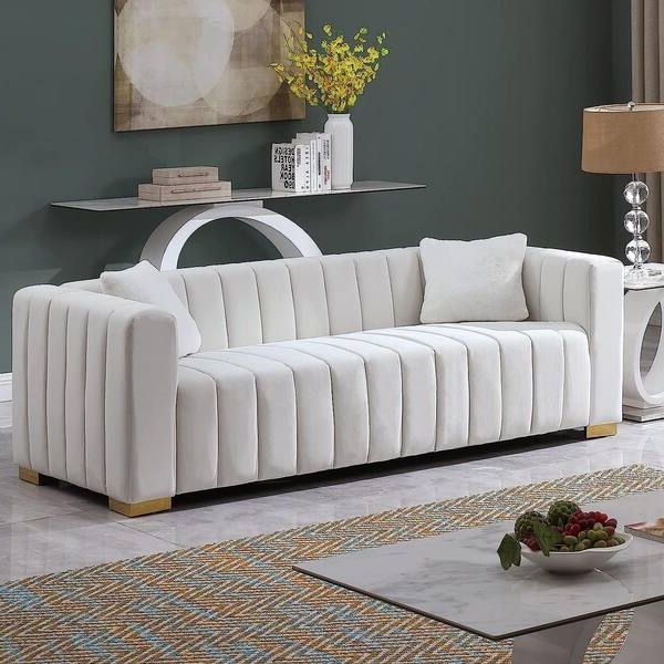Traditional 3 Seater Sofas Inside Popular Modern 85.8 In. Square Arm Velvet 3 Seater Rectangle Channel Sofa  Traditional Chesterfield Sofa With Pillows In. White Xs W1099s00015 – The  Home Depot (Photo 4 of 10)