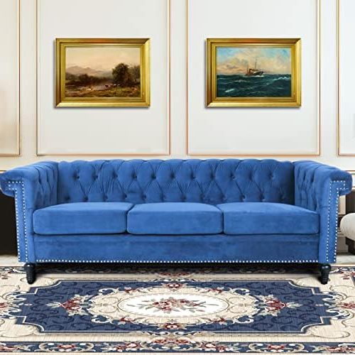 Traditional 3 Seater Sofas Throughout Most Up To Date Amazon: Vaztrlus Chesterfield Velvet Sofas For Living Room, Traditional  Square Arm 3 Seater Sofa 82.5" Couch Deep Button Nailhead Tufted Blue  Upholstered Couches Removable Cushion Easy To Assemble : Home & Kitchen (Photo 3 of 10)
