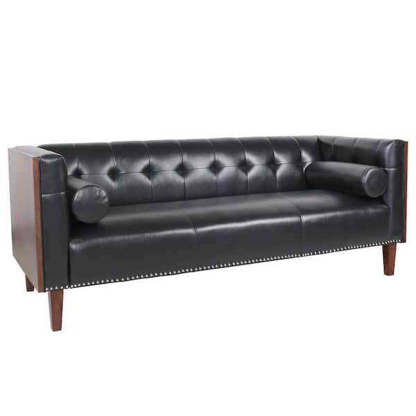 Traditional 3 Seater Sofas With 2018 77.5 In. W Square Arm Leather Traditional Straight 3 Seater Sofa In Black  Z W68042993 – The Home Depot (Photo 5 of 10)