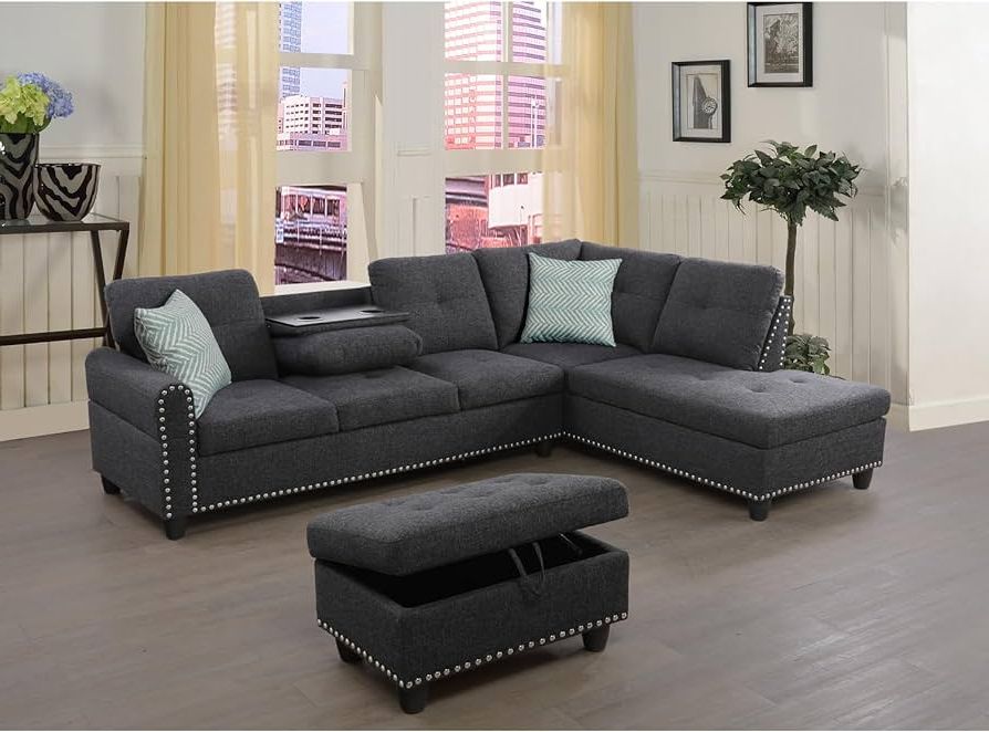 Trendy Amazon: Devion Furniture Polyester Fabric Sectional Sofa With Ottoman Dark  Gray : Home & Kitchen With Regard To Dark Grey Polyester Sofa Couches (View 2 of 10)
