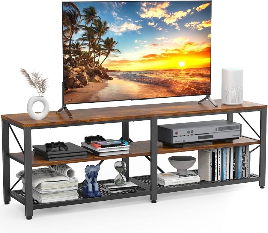 Trendy Amazon: Noblewell Stand 63 Inch, 3 Tier Wood Tv Cabinet, Entertainment  Center, Media Console Table With Storage For Living Room, Rustic Brown, 63  : Home & Kitchen Pertaining To Tier Stand Console Cabinets (Photo 1 of 10)